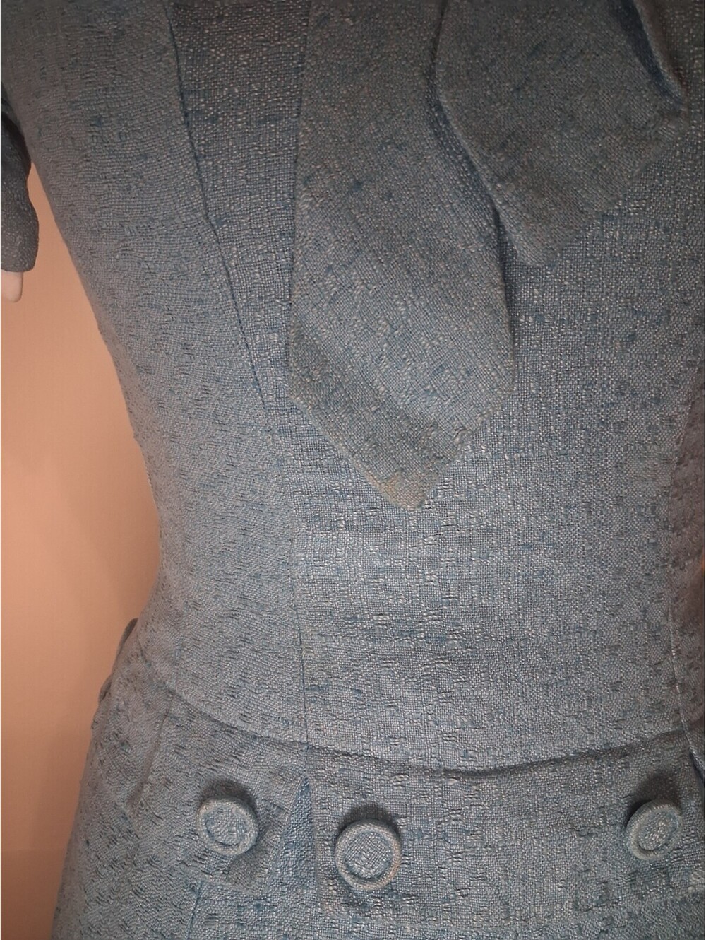 1940s Vintage Dress, Woven Blue Handmade Dress With Tie Academic Secretary Sz S - Picture 8 of 9